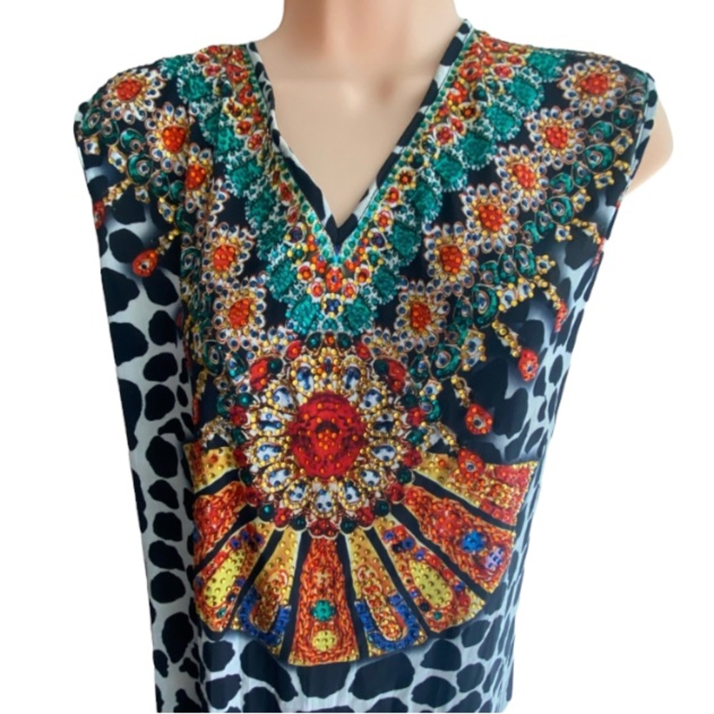 HENI Brand Kaftan Size 16 Maxi Dress Black White Beaded Sleeveless V Neck - Picture 2 of 11